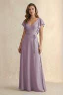 Dusk Ruffled V-Neck Chiffon A-Line Bridesmaid Dress | KISSBRIDAL