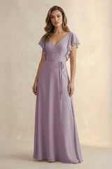 Dusk Ruffled V-Neck Chiffon A-Line Bridesmaid Dress | KISSBRIDAL