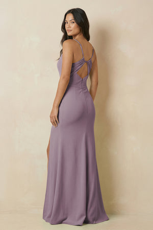 Dusk Sheath Cami Strap Chiffon Bridesmaid Dress with Slit (2) | KISSBRIDAL