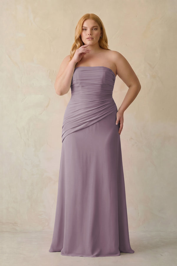 Dusk Sheath Chiffon Strapless Pleated Bridesmaid Dress [sizeplus] | KISSBRIDAL