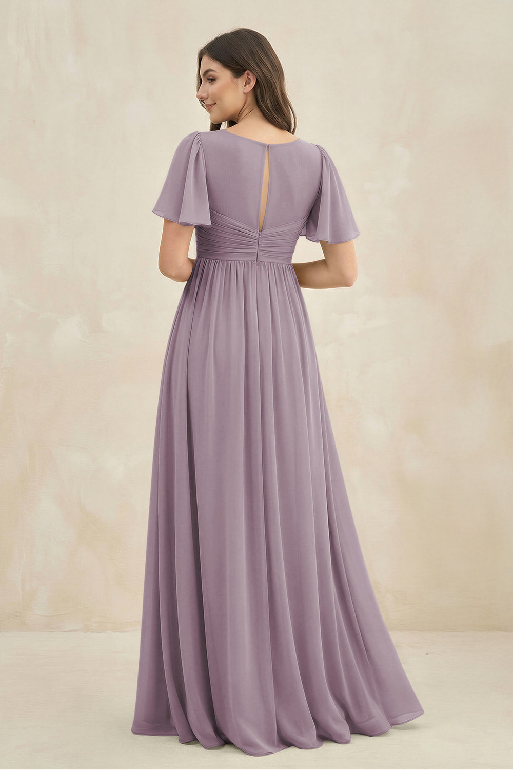 Short Sleeve Chiffon V-Neck A-Line Bridesmaid Dress in Dusk