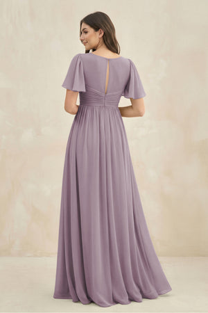 Dusk Short Sleeve Chiffon V-Neck A-Line Bridesmaid Dress (2) | KISSBRIDAL
