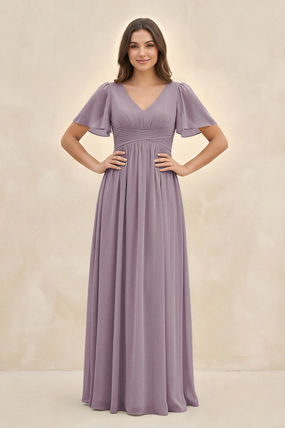 Short Sleeve Chiffon V-Neck A-Line Bridesmaid Dress in Dusk