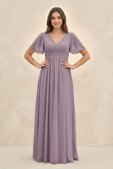 Dusk Short Sleeve Chiffon V-Neck A-Line Bridesmaid Dress | KISSBRIDAL
