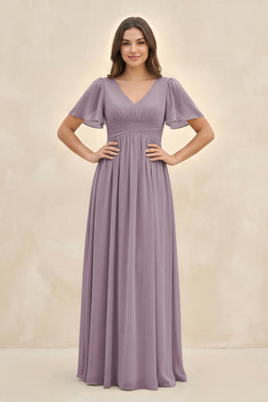 Dusk Short Sleeve Chiffon V-Neck A-Line Bridesmaid Dress | KISSBRIDAL