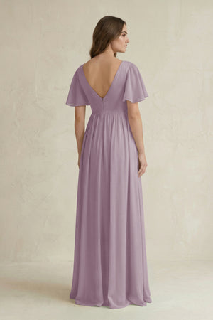 Dusk Short Sleeve V-Neck A-Line Chiffon Bridesmaid Dress (2) | KISSBRIDAL