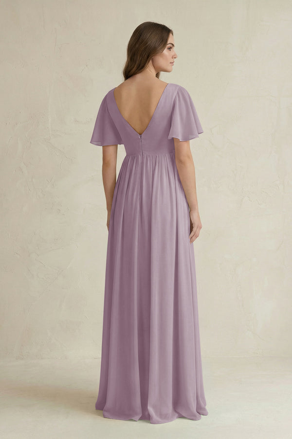 Dusk Short Sleeve V-Neck A-Line Chiffon Bridesmaid Dress (2) | KISSBRIDAL