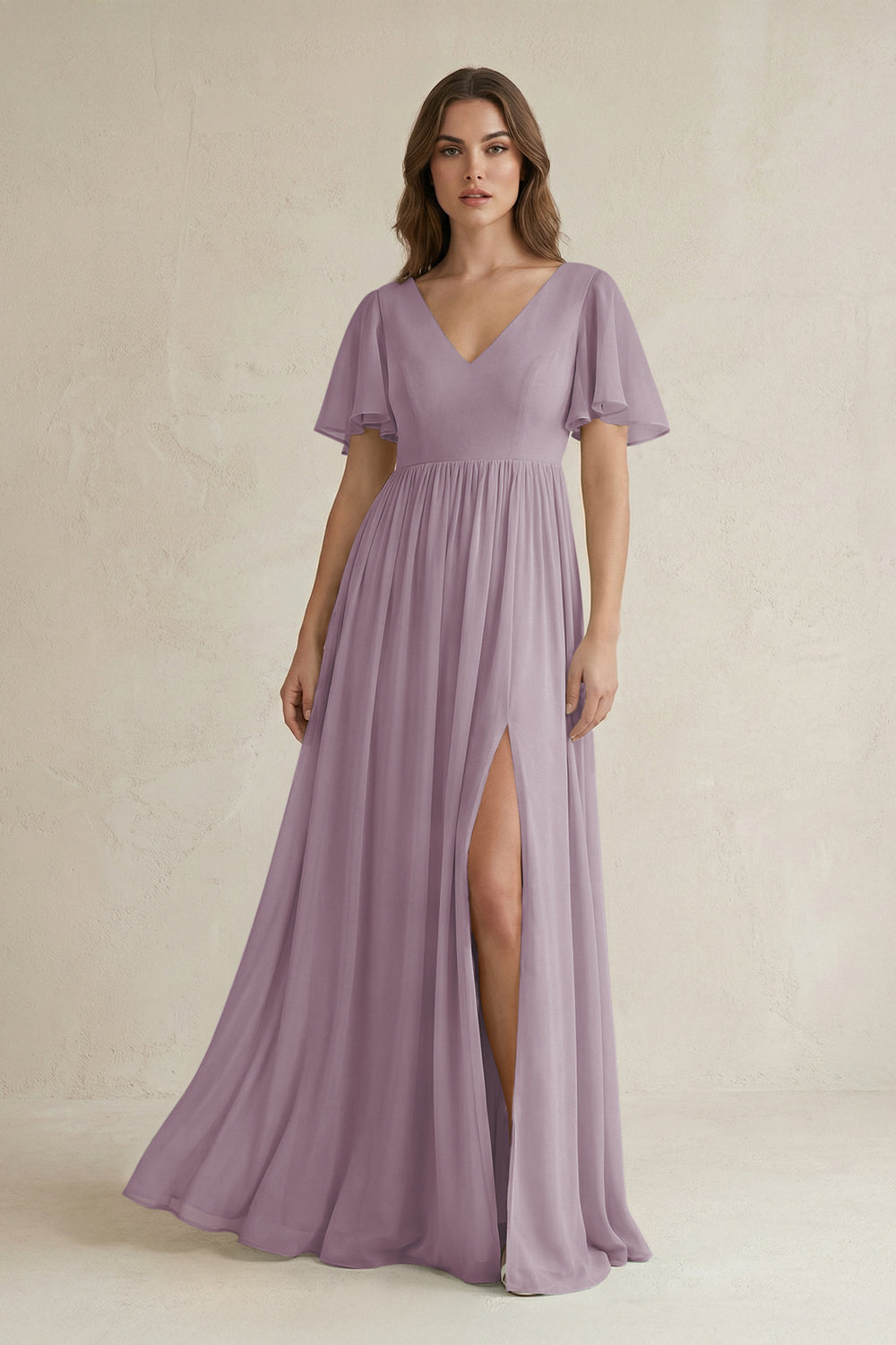 Short Sleeve V-Neck A-Line Chiffon Bridesmaid Dress in Dusk
