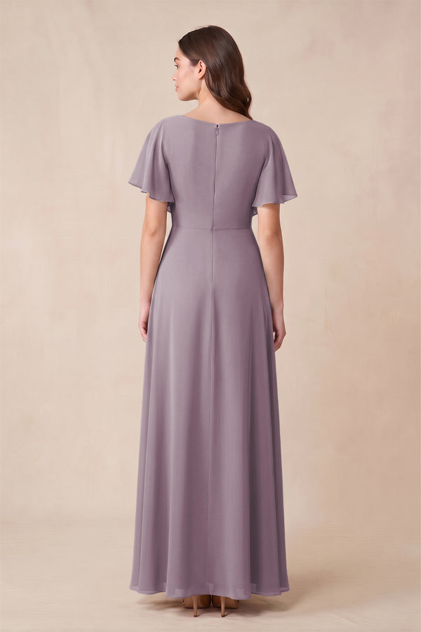 Dusk Short Sleeves Bateau A-Line Chiffon Bridesmaid Dress (2) | KISSBRIDAL