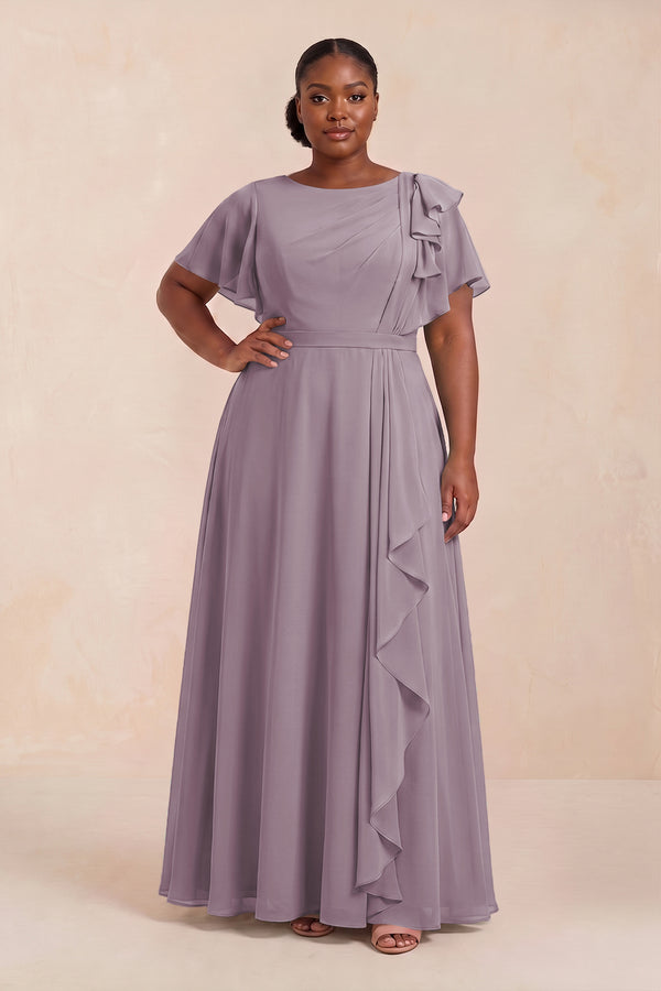 Dusk Short Sleeves Bateau A-Line Chiffon Bridesmaid Dress (3) [sizeplus] | KISSBRIDAL
