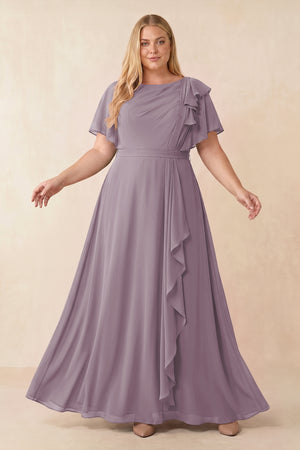 Dusk Short Sleeves Bateau A-Line Chiffon Bridesmaid Dress [sizeplus] | KISSBRIDAL