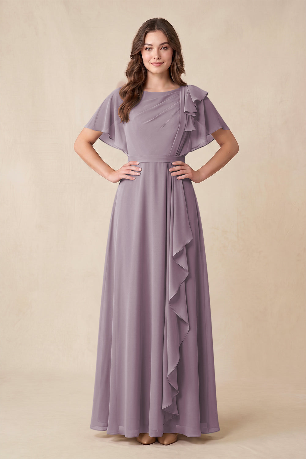 Short Sleeves Bateau A-Line Chiffon Bridesmaid Dress in Dusk