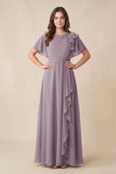 Dusk Short Sleeves Bateau A-Line Chiffon Bridesmaid Dress | KISSBRIDAL