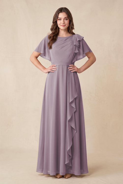 Dusk Short Sleeves Bateau A-Line Chiffon Bridesmaid Dress | KISSBRIDAL
