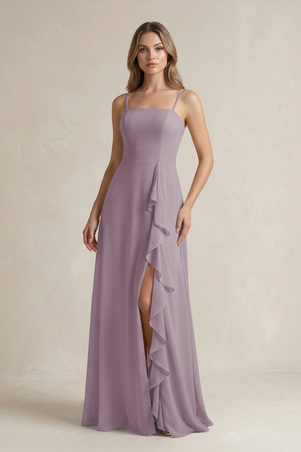Spaghetti Strap Ruffled A-Line Chiffon Bridesmaid Dress in Dusk