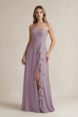 Dusk Spaghetti Strap Ruffled A-Line Chiffon Bridesmaid Dress | KISSBRIDAL