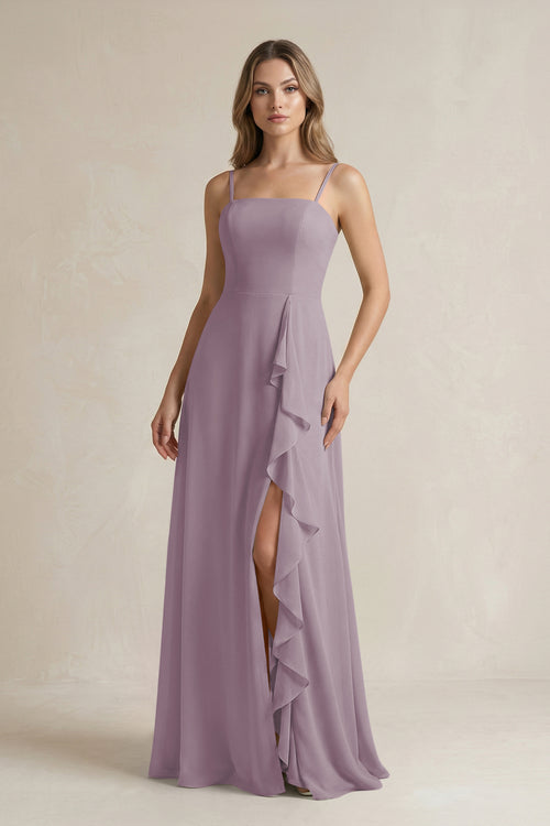 Dusk Spaghetti Strap Ruffled A-Line Chiffon Bridesmaid Dress | KISSBRIDAL