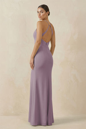 Dusk Spaghetti Strap Sheath Chiffon Bridesmaid Dress With Slit (2) | KISSBRIDAL