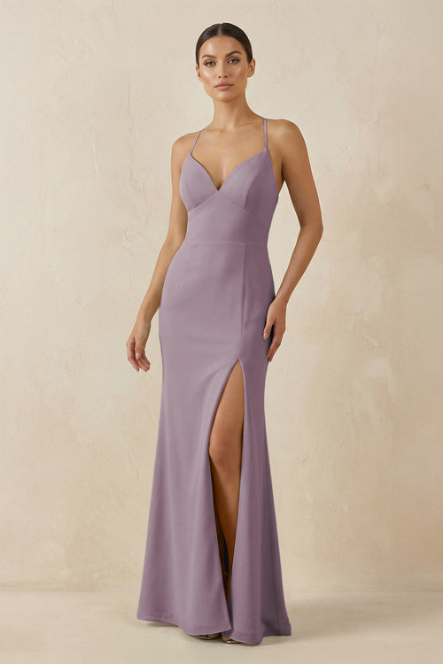 Dusk Spaghetti Strap Sheath Chiffon Bridesmaid Dress With Slit | KISSBRIDAL