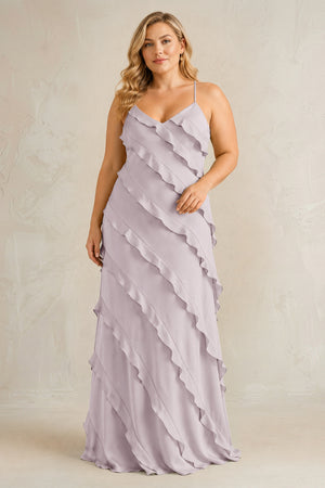 Dusk Spaghetti Straps Sheath Stain Ruffled Bridesmaid Dress | KISSBRIDAL[sizeplus]
