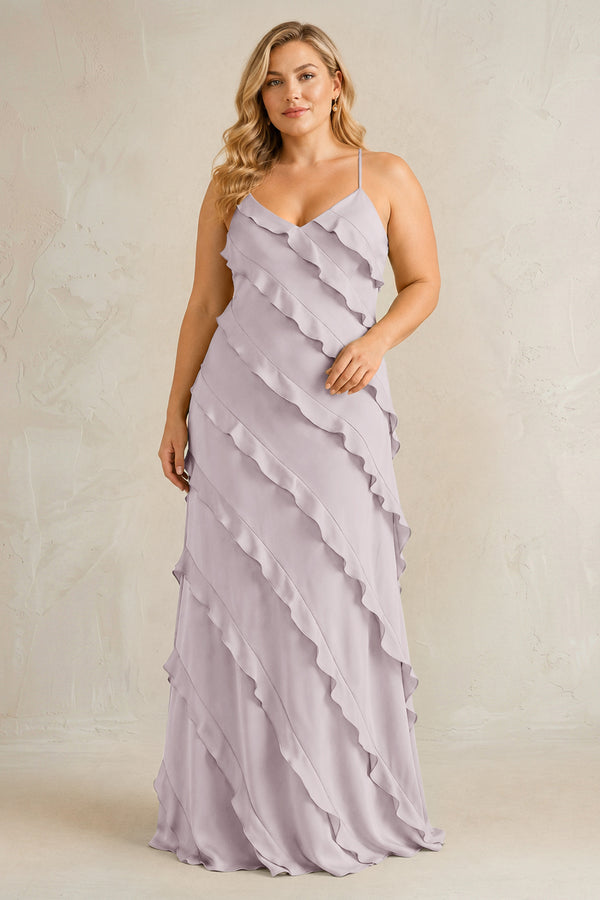 Dusk Spaghetti Straps Sheath Stain Ruffled Bridesmaid Dress | KISSBRIDAL[sizeplus]