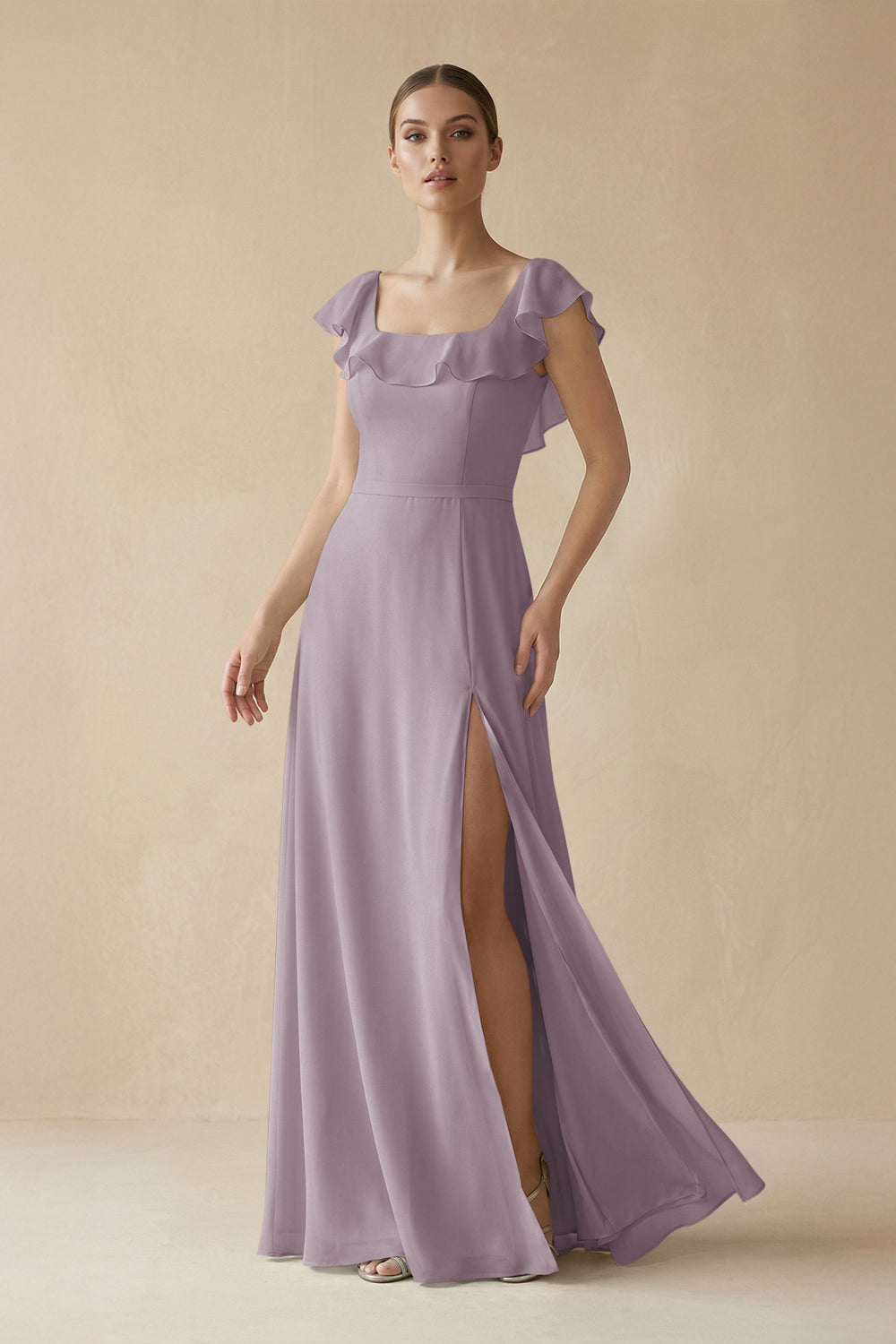 Square Neck A-Line Bridesmaid Dress with Ruffles in Dusk