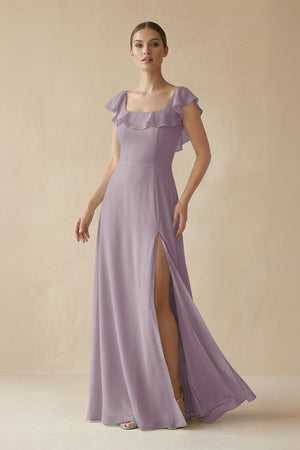 Dusk Square Neck A-Line Bridesmaid Dress with Ruffles | KISSBRIDAL