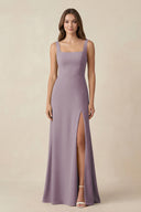 Dusk Square Neck A-Line Bridesmaid Dress With Slit | KISSBRIDAL