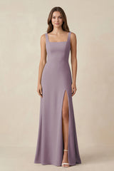 Dusk Square Neck A-Line Bridesmaid Dress With Slit | KISSBRIDAL