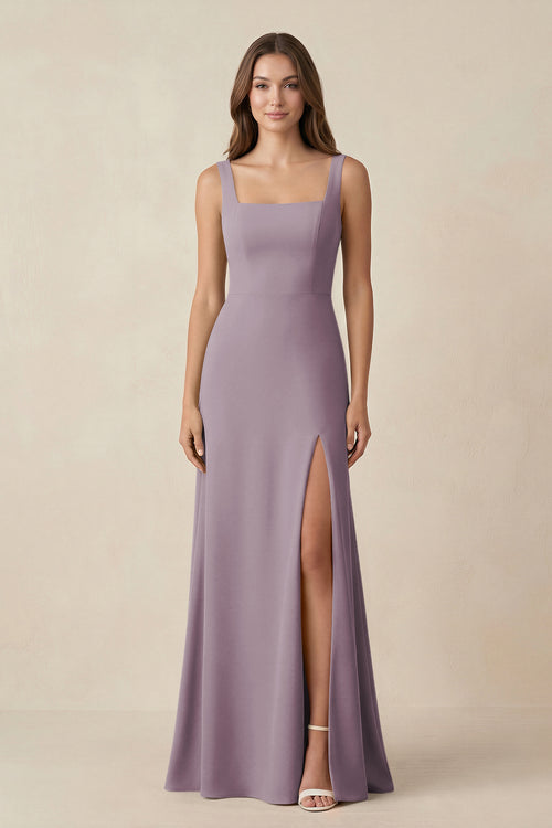 Dusk Square Neck A-Line Bridesmaid Dress With Slit | KISSBRIDAL