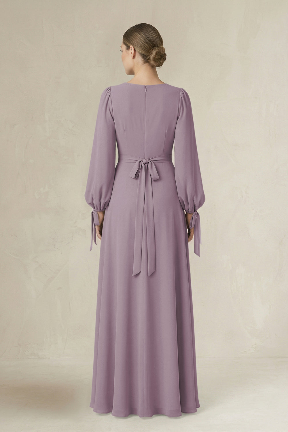 Square Neck Long Sleeve A-Line Chiffon Bridesmaid Dress in Dusk
