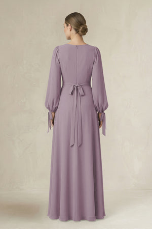 Dusk Square Neck Long Sleeve A-Line Chiffon Bridesmaid Dress in Dusk (2) | KISSBRIDAL