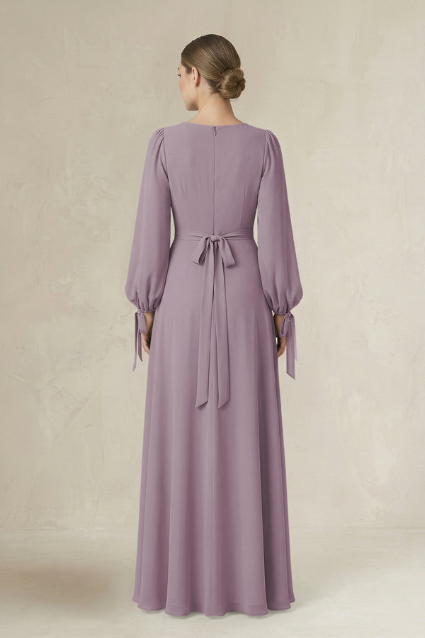 Dusk Square Neck Long Sleeve A-Line Chiffon Bridesmaid Dress in Dusk (2) | KISSBRIDAL