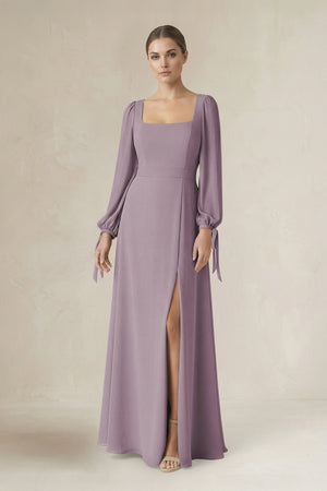 Dusk Square Neck Long Sleeve A-Line Chiffon Bridesmaid Dress in Dusk | KISSBRIDAL