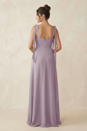 Dusk Square Neck Sheath Chiffon Bridesmaid Dress with Bow (2) | KISSBRIDAL