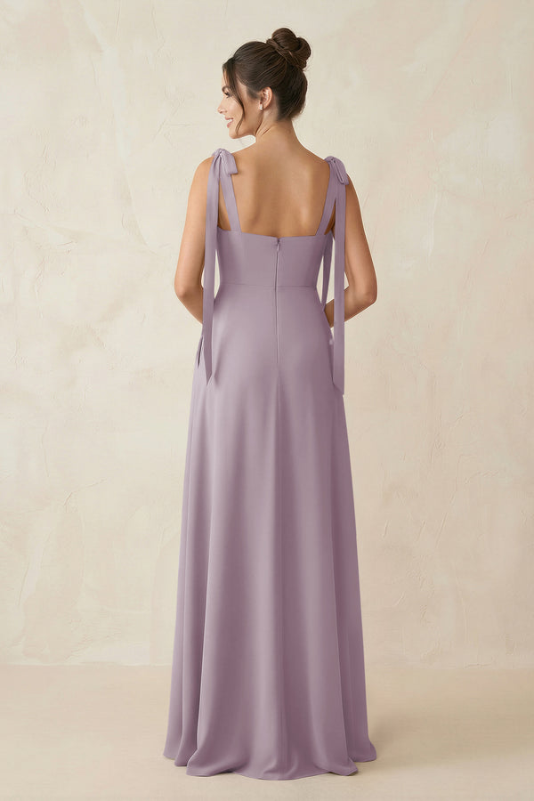 Dusk Square Neck Sheath Chiffon Bridesmaid Dress with Bow (2) | KISSBRIDAL