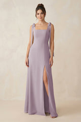 Dusk Square Neck Sheath Chiffon Bridesmaid Dress with Bow | KISSBRIDAL