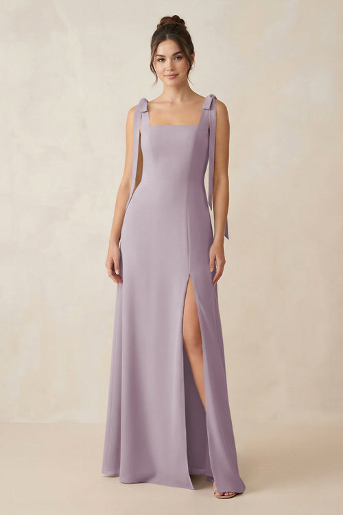 Dusk Square Neck Sheath Chiffon Bridesmaid Dress with Bow | KISSBRIDAL