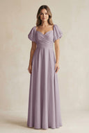 Dusk Sweetheart Puff Sleeve A-Line Chiffon Bridesmaid Dress | KISSBRIDAL