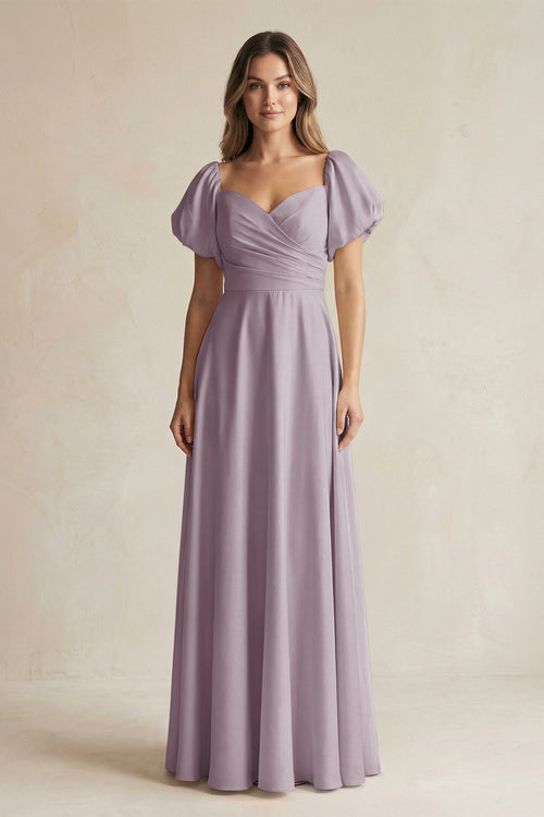 Dusk Sweetheart Puff Sleeve A-Line Chiffon Bridesmaid Dress | KISSBRIDAL