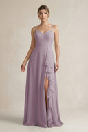 Dusk Sweetheart Ruffled A-Line Chiffon Bridesmaid Dress with Slit | KISSBRIDAL