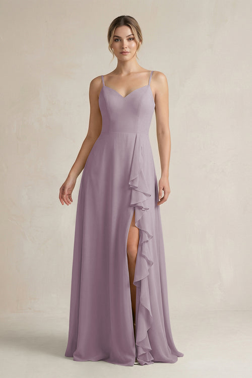 Dusk Sweetheart Ruffled A-Line Chiffon Bridesmaid Dress with Slit | KISSBRIDAL