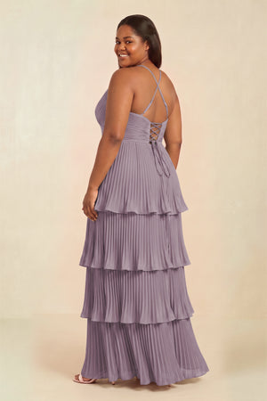 Dusk Tiered Pleated V-Neck A-Line Chiffon Bridesmaid Dress (2) [sizeplus] | KISSBRIDAL