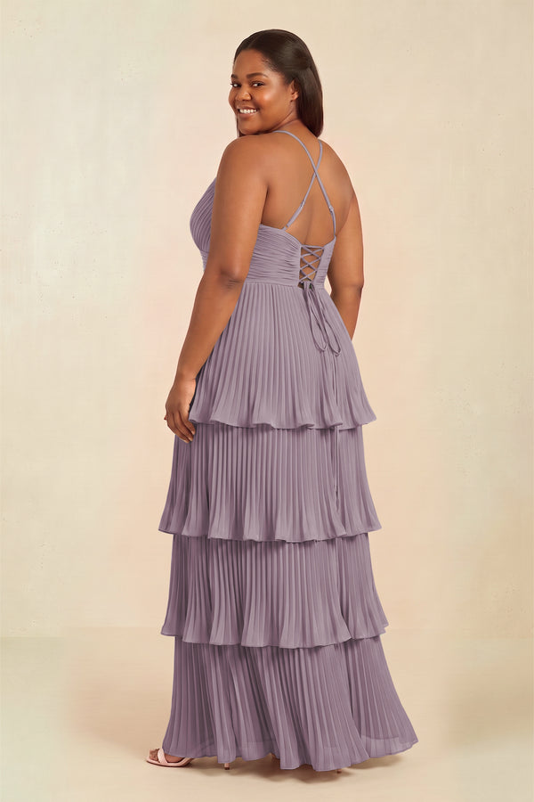 Dusk Tiered Pleated V-Neck A-Line Chiffon Bridesmaid Dress (2) [sizeplus] | KISSBRIDAL