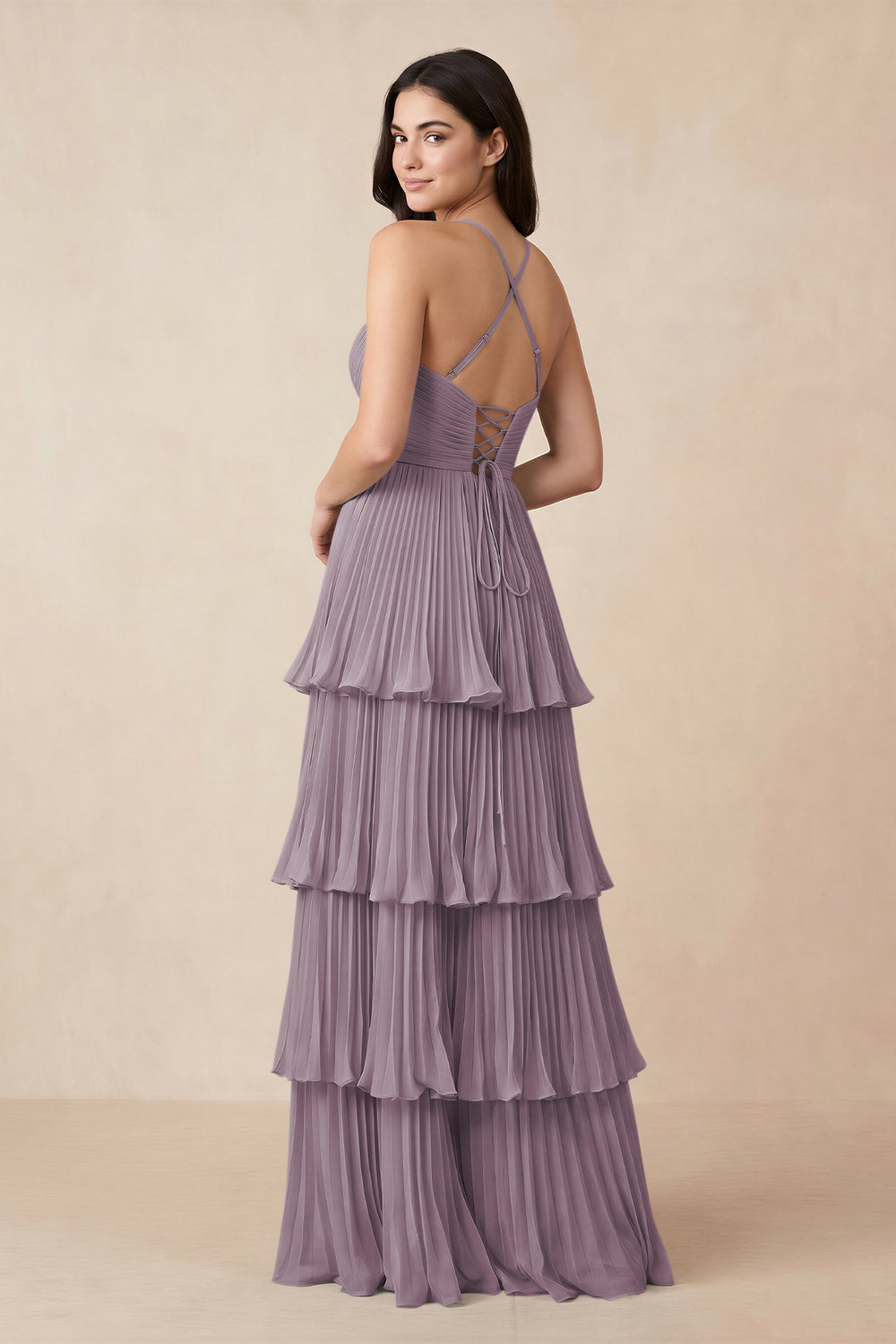 Tiered Pleated V-Neck A-Line Chiffon Bridesmaid Dress in Dusk
