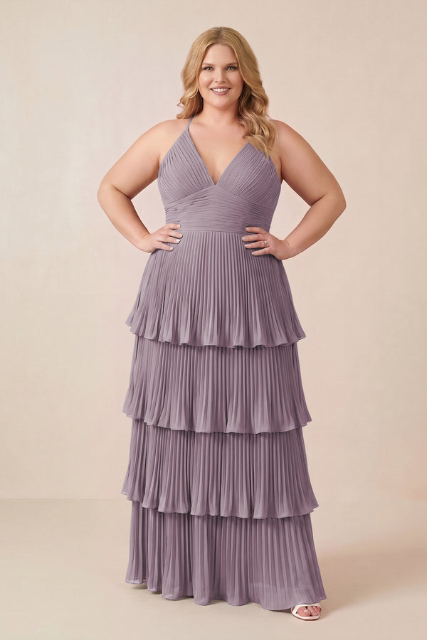 Dusk Tiered Pleated V-Neck A-Line Chiffon Bridesmaid Dress (3) [sizeplus] | KISSBRIDAL