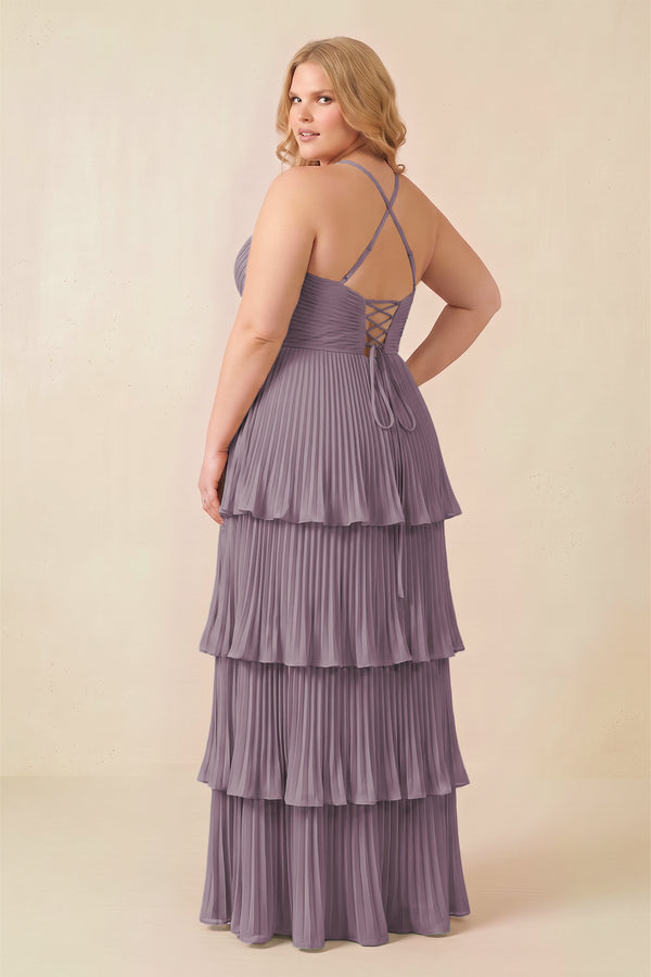 Dusk Tiered Pleated V-Neck A-Line Chiffon Bridesmaid Dress (4) [sizeplus] | KISSBRIDAL