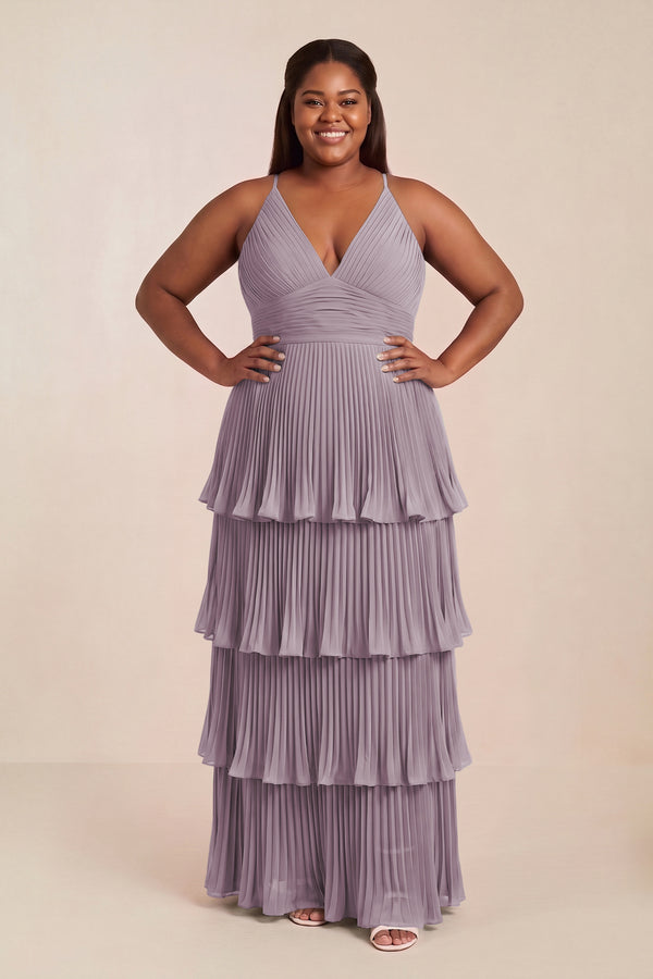 Dusk Tiered Pleated V-Neck A-Line Chiffon Bridesmaid Dress [sizeplus] | KISSBRIDAL
