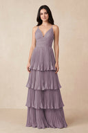 Dusk Tiered Pleated V-Neck A-Line Chiffon Bridesmaid Dress | KISSBRIDAL