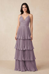 Dusk Tiered Pleated V-Neck A-Line Chiffon Bridesmaid Dress | KISSBRIDAL